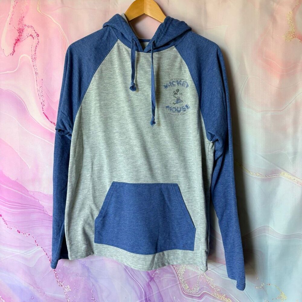 Disney Parks M Mickey Mouse Blue Gray Raglan Hoodie Shirt Sporty Casual Outdoors